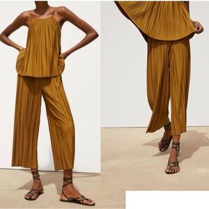 Zara golden mustard yellow pleated cropped wide leg culotte Palazo pants Sz m